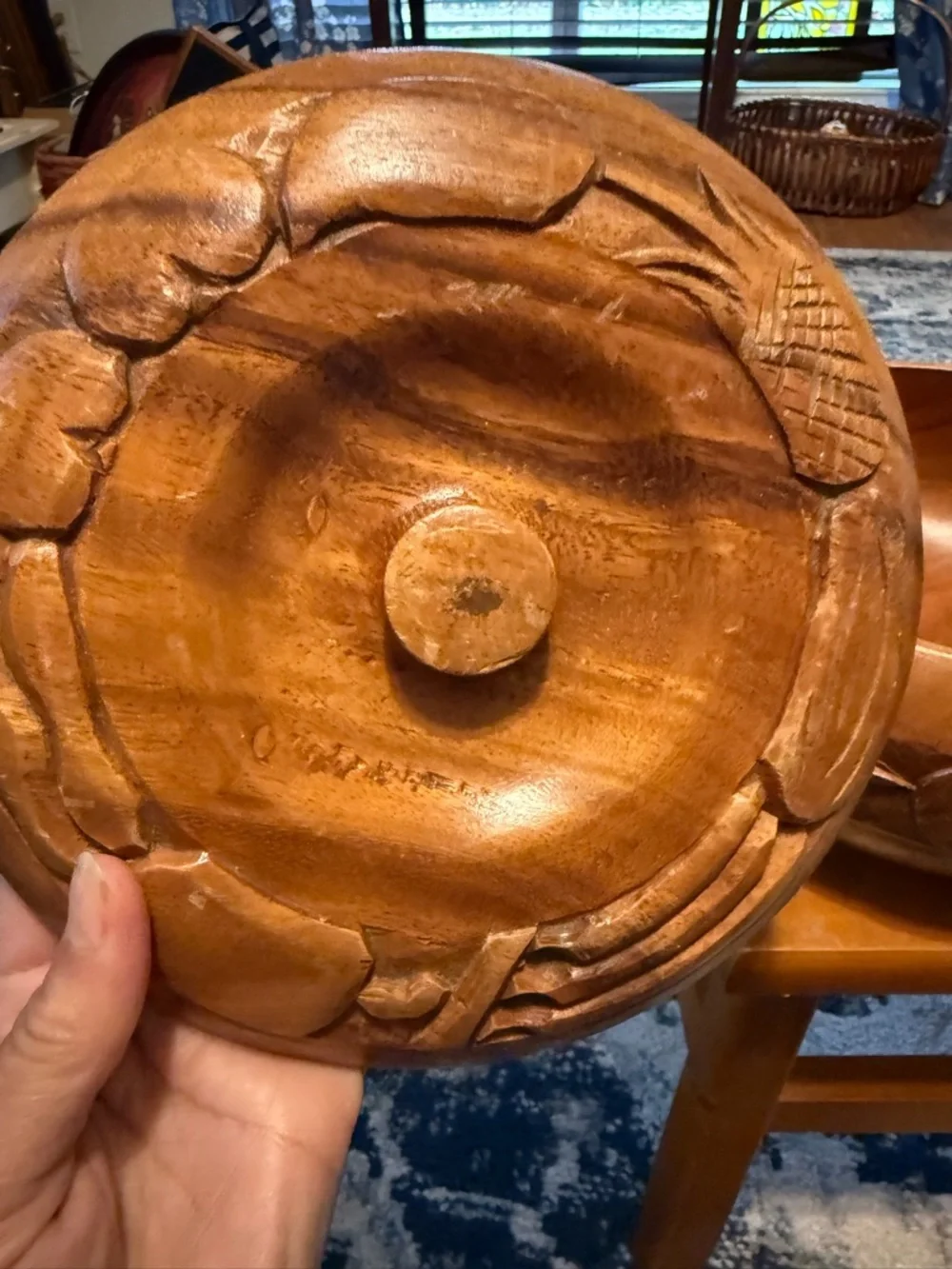 Hand Carved Vintage Wooden Lidded Bowl - Island Motif - READ description